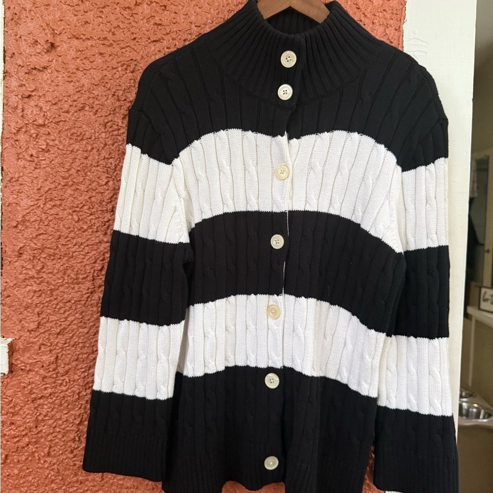 Womens New American Living Cable Knit Cardigan Extra Large Black/White Stripe - Picture 4 of 4